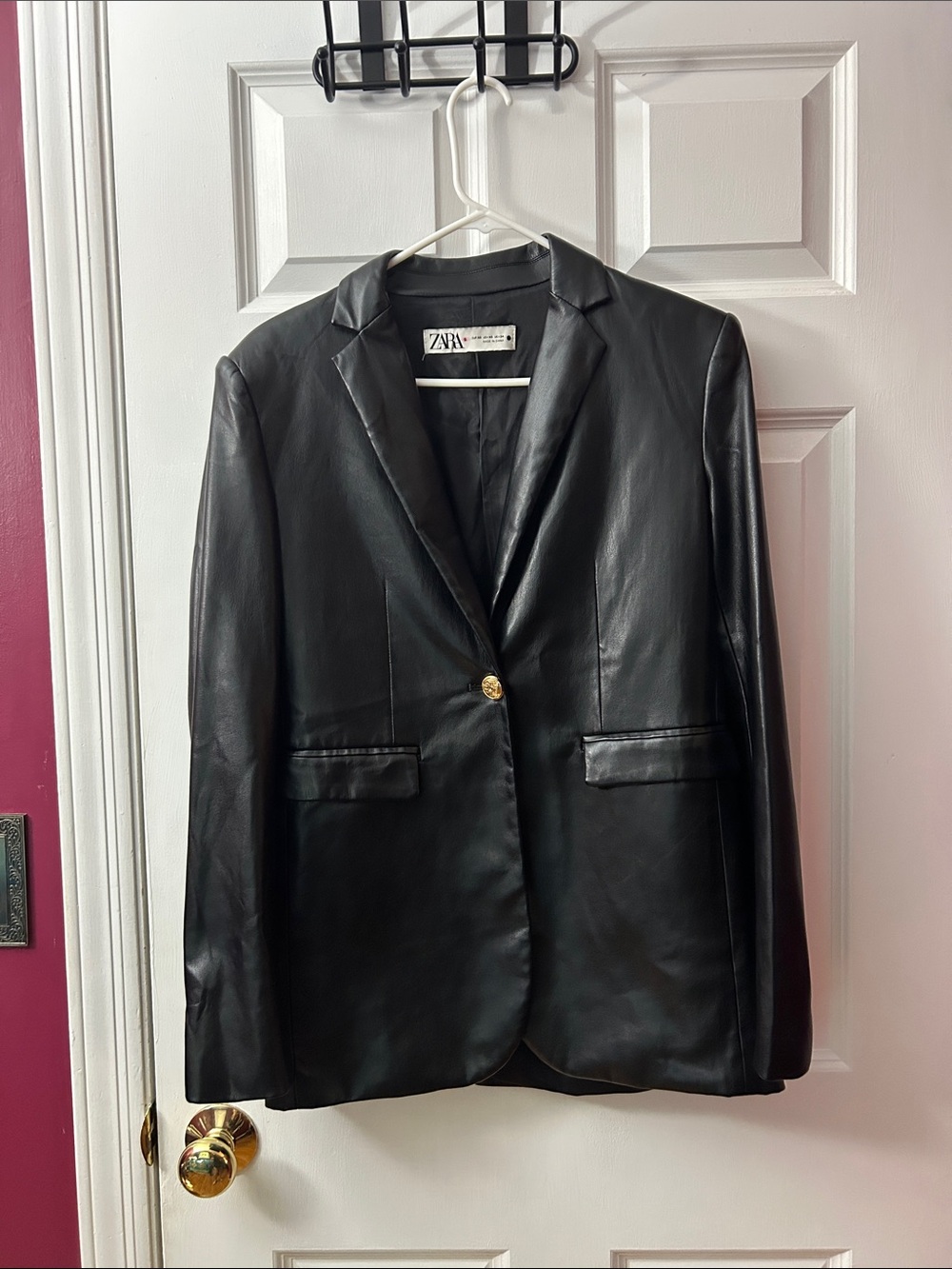 Zara Black Faux Leather Single-Button Blazer Size S
